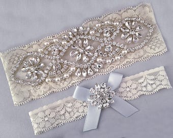 Something Blue Wedding Garter Set, Ivory White Lace Keepsake Toss Bridal Garter Set, Pearl Crystal Rhinestone Custom Garter, Blue Garter