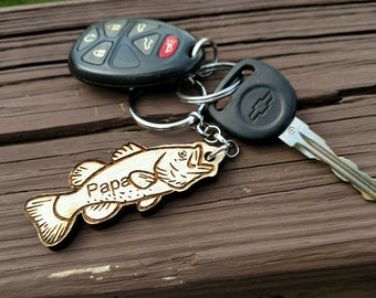 Fathers Day Keychain / Grandfather Keychain / wood Fish / wood Fish keychain / Bass Fish / Bass Fish Keychain / fish Keychain / Keychain