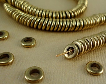 40 Solid Brass Beads Heishi Disk 6mm Flat Round Rondelle Beads disc Spacer Big Large Hole 3mm Loose Metal Brass washer Natural beads