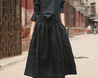black linen dress, maxi dress, black dress, linen maxi dress, long linen dress, black tunic dress, longsleeved dress, winter dress, custom