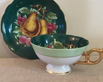 Royal Sealy China Tea Cup and Saucer, Fruit, Green, Gold, Japan, Pears