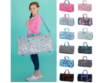 Personalized Duffle Bag Gym Sports 21" Tote Monogrammed Girls Boys Kids Child Childrens Paisley Polka Dot Pink Mint Navy Blue Floral Boho