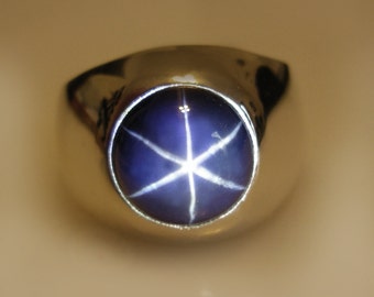 Mens Custom Heavy Sterling Silver Round Blue Star Sapphire Ring