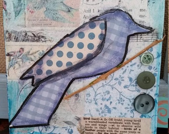 Blue Bird Mixed Media Collage, 4x4 Wood Block, One of a Kind, Wall Art, Happy Art