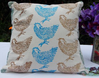Hen/Chicken Cushion.Hand Printed Lino Print.Blue,Brown&Green.Heavyweight Herringbone Cotton,Zip Closure. Country Style,Folk,Farmyard Chic!