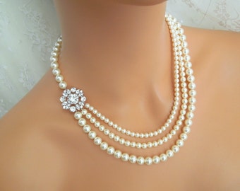 pearl rhinestone necklace, bridal pearl necklace, Statement Bridal necklace, Wedding Rhinestone necklace, swarovski pearl necklace, COLLEEN