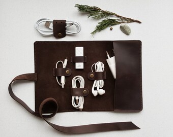 Leather Cord Organizer, Personalized, Cable Organizer, Charger Organizer, Earphone Holder, Cord Roll, Travel case, usb case, Brown