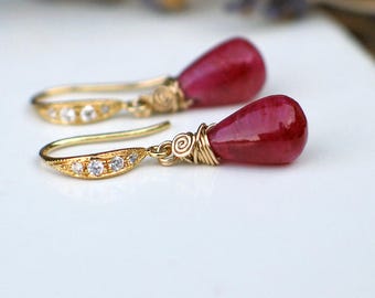 Ruby Teardrop Earrings | Red Smooth Drops | CZ Pave | 14k Gold Vermeil - Gold Fill Dangle | Small Earrings | Birthday Gift | Ready to Ship
