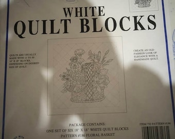 APRILSALE White Quilt Blocks, Jack Dempsey Needle Art, Floral Basket, Quit Blocks to Embroider, 6 18 by 18 inch Blocks per Package, You will