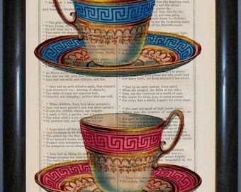 China Tea Cups Print on Vintage 1860's Repurposed Page mixed media digital