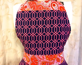 Women's Full Apron, Retro Style, Navy Blue, Pink