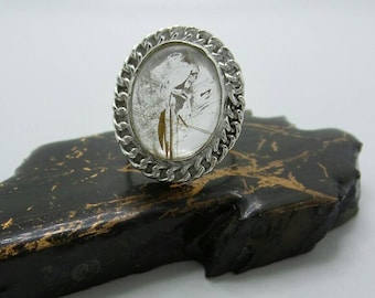 Rutilated Quartz Silver Ring, size 8.