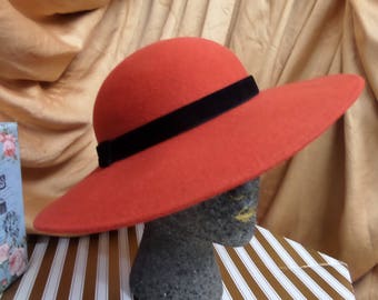 Vintage Red 100% Wool Felt Hat Wide Brim
