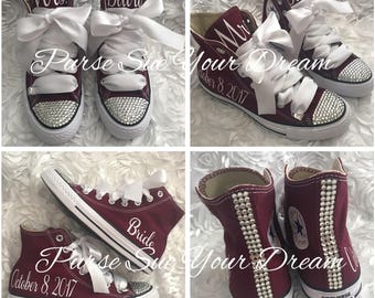 Personalized Bridal Swarovski Crystal Wedding Burgundy Converse - Swarovski Crystal Wedding Shoes - Swarovski Maroon Wedding Converse