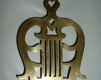 Vintage Older Brass Large Trivet Musical Lyre Shaped
