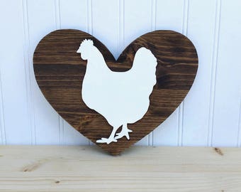 Wood Heart Sign with Hand Cut Wood Chicken
