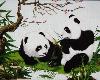 Pandas with Bamboo - Cross stitch Pattern Chart needlework counted ,Print paper shipped by mail