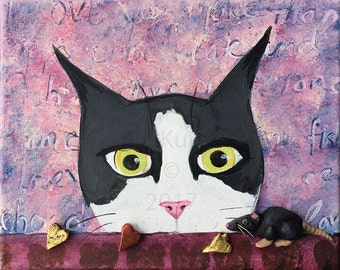 Original Silent Mylo Tuxedo Cat Valentine Painting - Small Original Cat Painting - 3D Mixed Media Painting - Cat with Mouse Valentine Art
