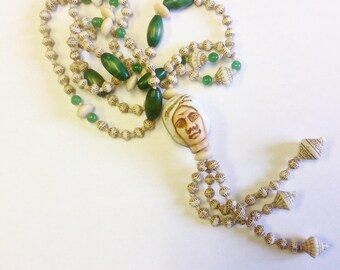 Vintage, Czech, Art Deco, Neiger, Egyptian revival, turbaned man, long bead necklace. Flapper bead necklace.