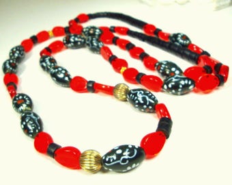 Long Red Glass & Black Porcelain Hand Painted Bead Necklace, A One of a Kind Design OOAK by Rachelle Starr