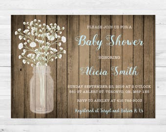 Baby Shower Invitation Boy, Baby's Breath, Rustic Baby Shower Invitation, Wood, White And Blue, Printable, Printed