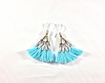 Rhinestone Earrings / Boho Earrings / Tassel Earrings / Blue Earrings / Blue Tassel Earrings