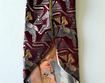 Vintage PEEK-A-BOO Pinup Novelty Tie Necktie Red/Silver/Gold "Horse and Rider" Brocade Silk Short and Slim