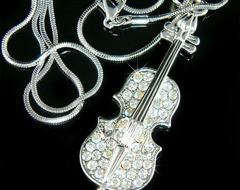 Swarovski Crystal Aurora Borealis Violin Viola Cello Fiddle Musical Charm Pendant Necklace Christimas Best Friend Musican Gift New