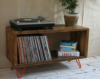 Rustic Industrial Hairpin Leg Scaffold Board Record Player Stand TV Unit Vinyl Turntable Storage