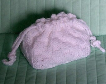 Drawstring Bag, Girls Small Purse, Pouch, Tote Handknitted in White.