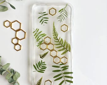 Hexagon Phone Case, Fern Phone Case, Iphone X case, Iphone 8 case, Samsung Galaxy S8 case, Huawei P10 case, Pressed flower case, Gold case