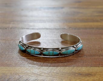 Vintage Zuni Sterling Silver And Turquoise Inlay Cuff Bracelet