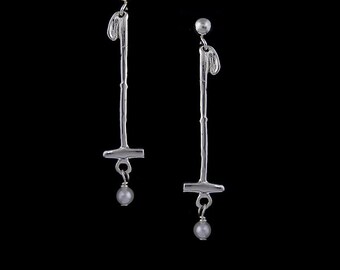 Polo Mallet Pearl Earrings, Equestrian Jewelry, Polo Jewelry, Polo Earrings, Horse Earrings, Horse Jewelry, Pearl horse,