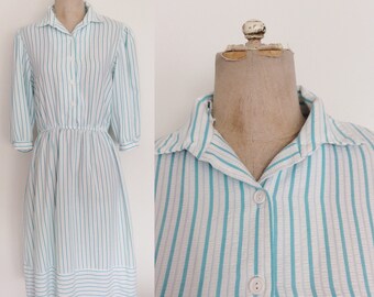 1980's Turquoise Blue & White Striped Cotton Shirtwaist Dress Size Small Medium by Maeberry Vintage