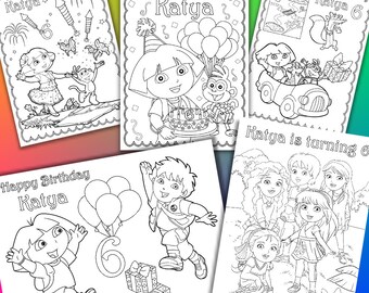 Personalized Dora the Explorer Birthday Party coloring pages, activity PDF file