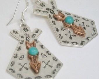 Sale| Teepee Earrings with Arrow, Tribal Earrings, Turquoise Earrings, Two Tone, Native, Southwestern, Dangle, Blue Stone, Southwest Jewelry