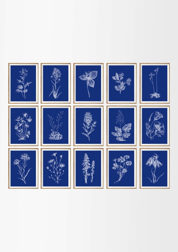 Navy Botanical Art Print SET of 15. Botanical Wall Art Navy