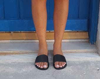 Black slides, Greek Sandals,Gladiator sandals,Mules, Slip on Sandals, Summer Flats, Leather Sandals, Roman Sandals, Women's Sandals, Flats,