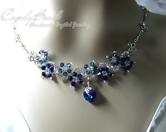 Crystal Necklace; Swarovski Necklace; Glass Necklace; Navy Blue Flower Dancing Swarovski Crystal Silver Necklace (N007-01)