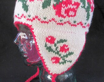 Roses Wool Ear Flap Hat with Angora Lining