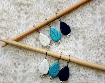 knitting stitch markers - snag free - turquoise white cobalt semi precious stones - 13mm leaves - set of 6 - three loop sizes available