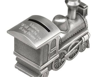 Personalized Train Bank - Ring Bearer Gift - Child's Gift - Train - Will you be our Ring Bearer Train Bank - Pewter Train Bank