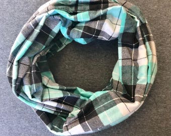 Aqua, Gray, and White Plaid Infinity Scarf