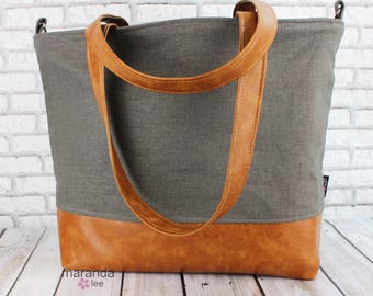 Extra Large Lulu Tote with Charcoal Gray Linen and PU Leather -READY to SHIP Beach Dance Travel Bag 7 pockets