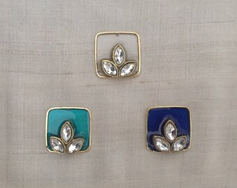 Indian Stained Glass Kundan Buttons,Square Kundan Beads Rajasthan Traditional Handmade Buttons,Sewing Jewellery Flat Back Bead,2.5 cm, 1 pc