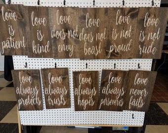 Rustic custom wood sign 1 Corinthians 13:4-8 Love is Patient Set of 11 signs