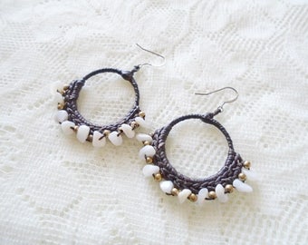 Turquoise & Howlite waxed cord hoop earring, Gemstone waxed cord earring