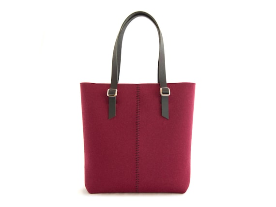 Felt TOTE BAG / leather straps / burgundy / felt women's bag / wool felt / made in Italy