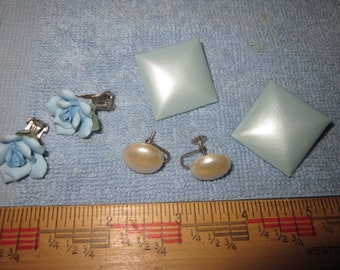 Vintage Group of 2 Clip Style and 1 Screw Type Earrings Robin Egg Blue & White Japan