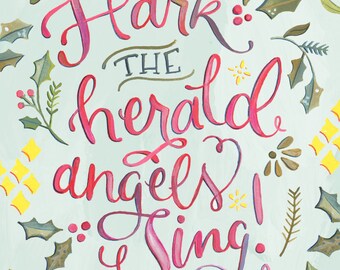 Hark the Herald Angels Sing! Christmas Hymn Hand Lettered Print